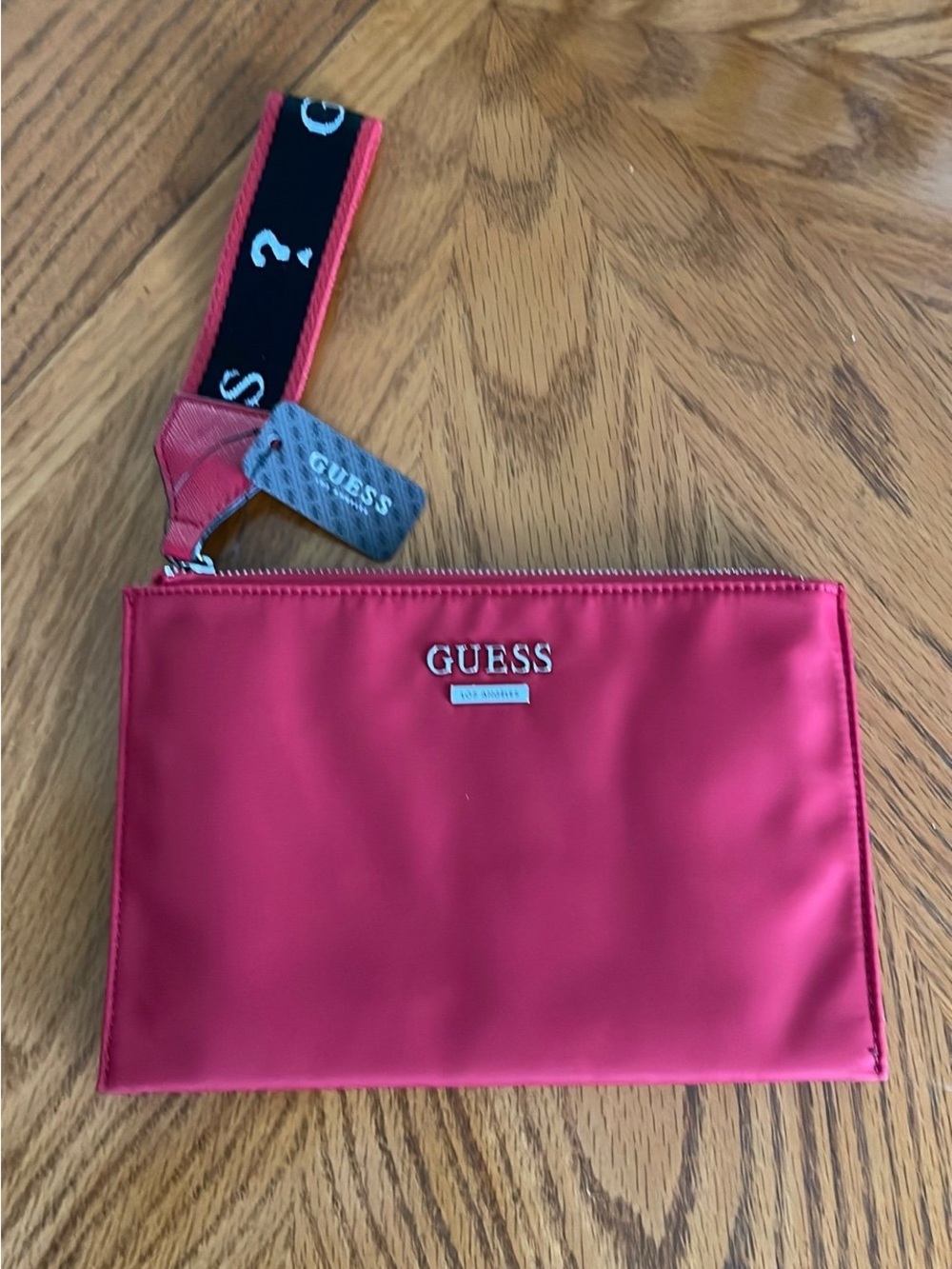 Guess Red Satin Zip Wristlet with Branded Strap
